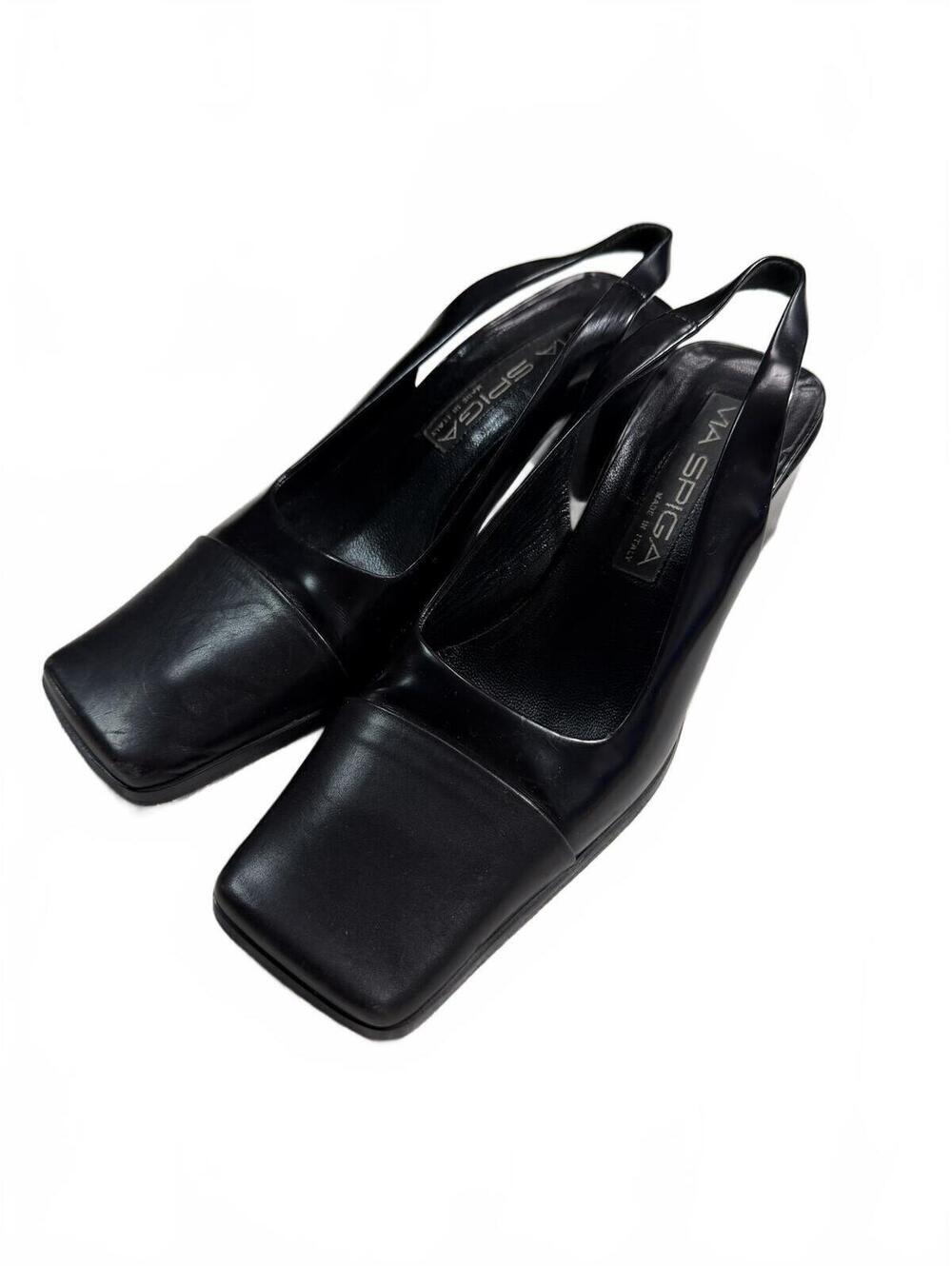 90s Black Italian Leather Square Toed Sling Back heels Size 5 by Via Spiga